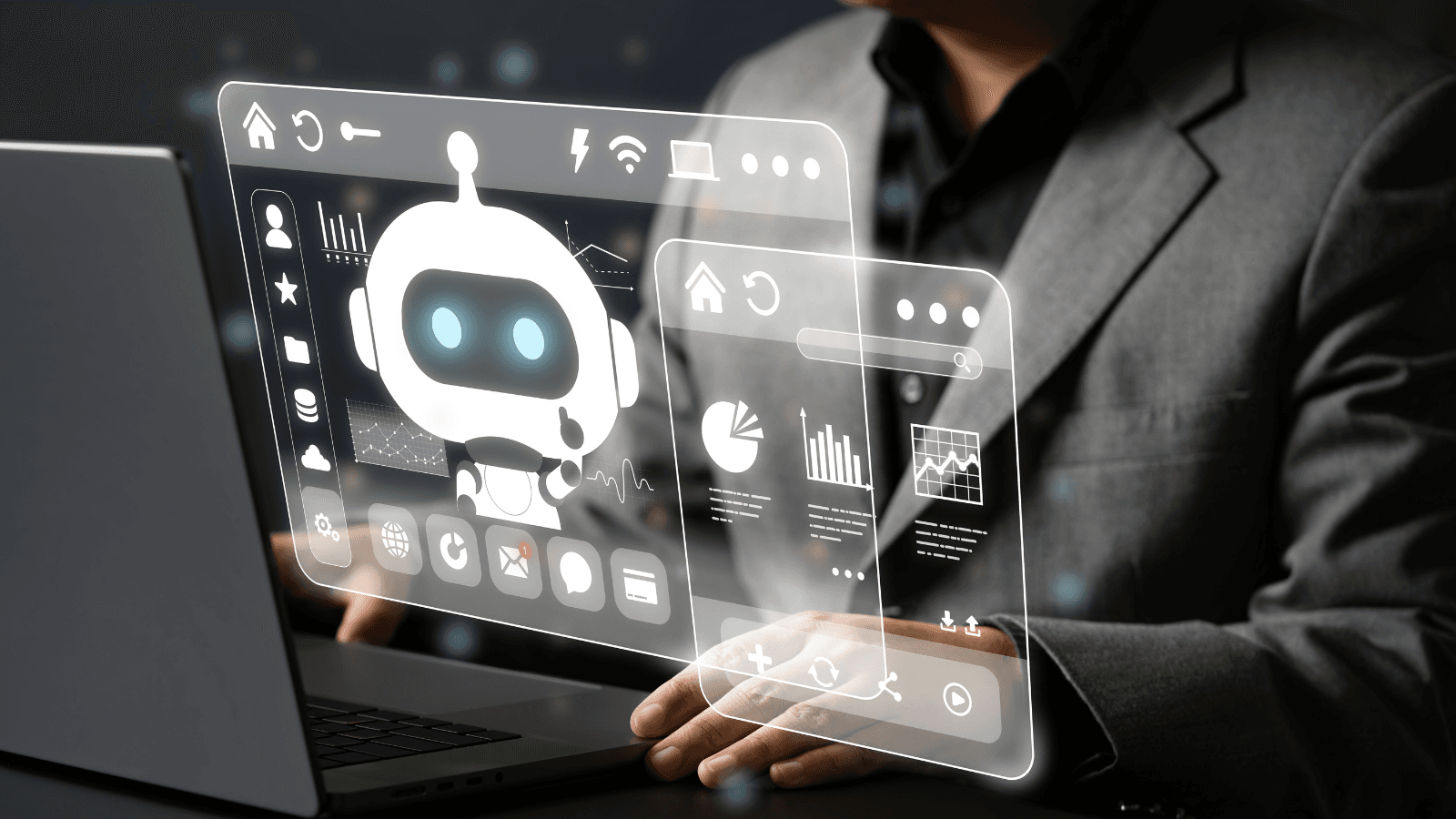 Professionista al computer con le interfacce di un assistente AI e di una dashboard